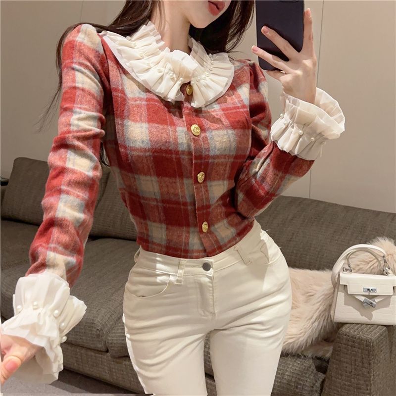 Rich family daughter retro plaid shirt doll collar sweet long-sleeved French niche short versatile jacket top for women