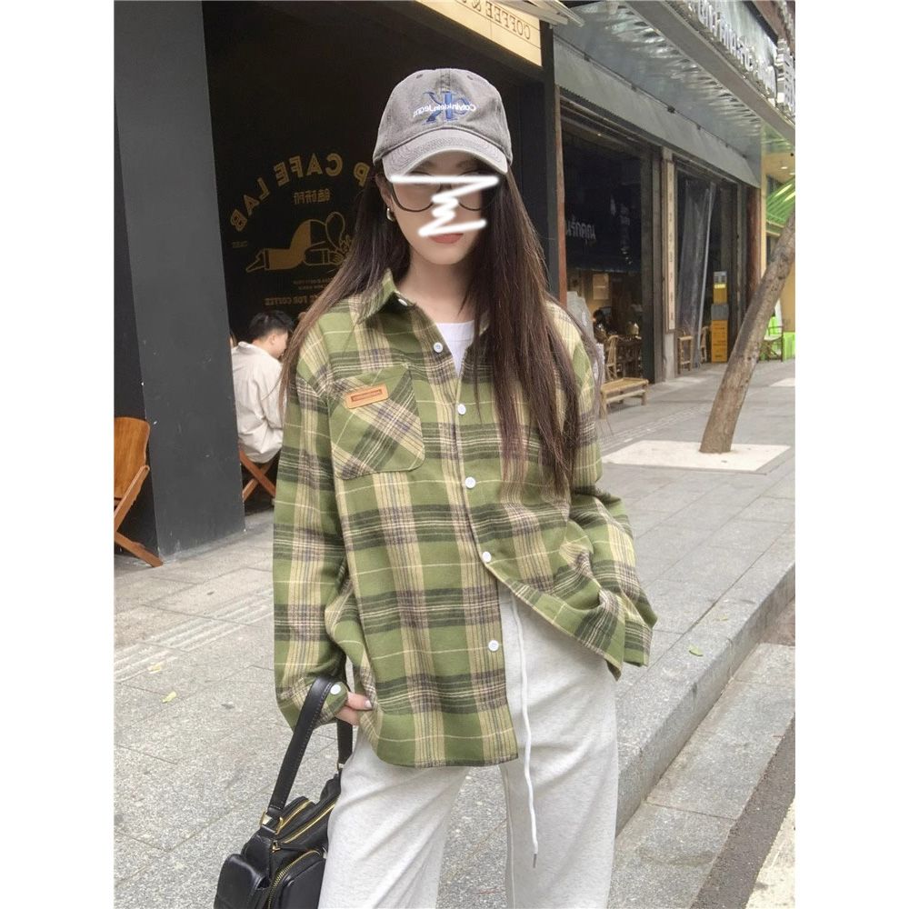 韩版复古新款绿色chic格子外套衬衫女春秋季宽松设计慵懒休闲衬衣