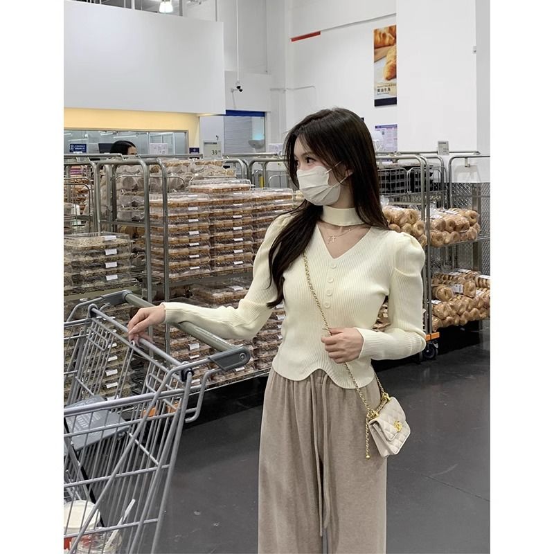 V領掛脖長袖針織衫女秋冬2024新款法式設計感內搭打底衫上衣T恤潮