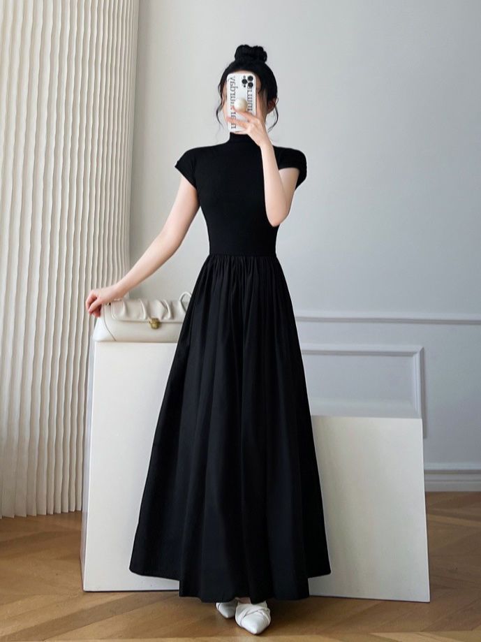 High-end black dress for women's summer new niche design French Hepburn style waist slimming long skirt