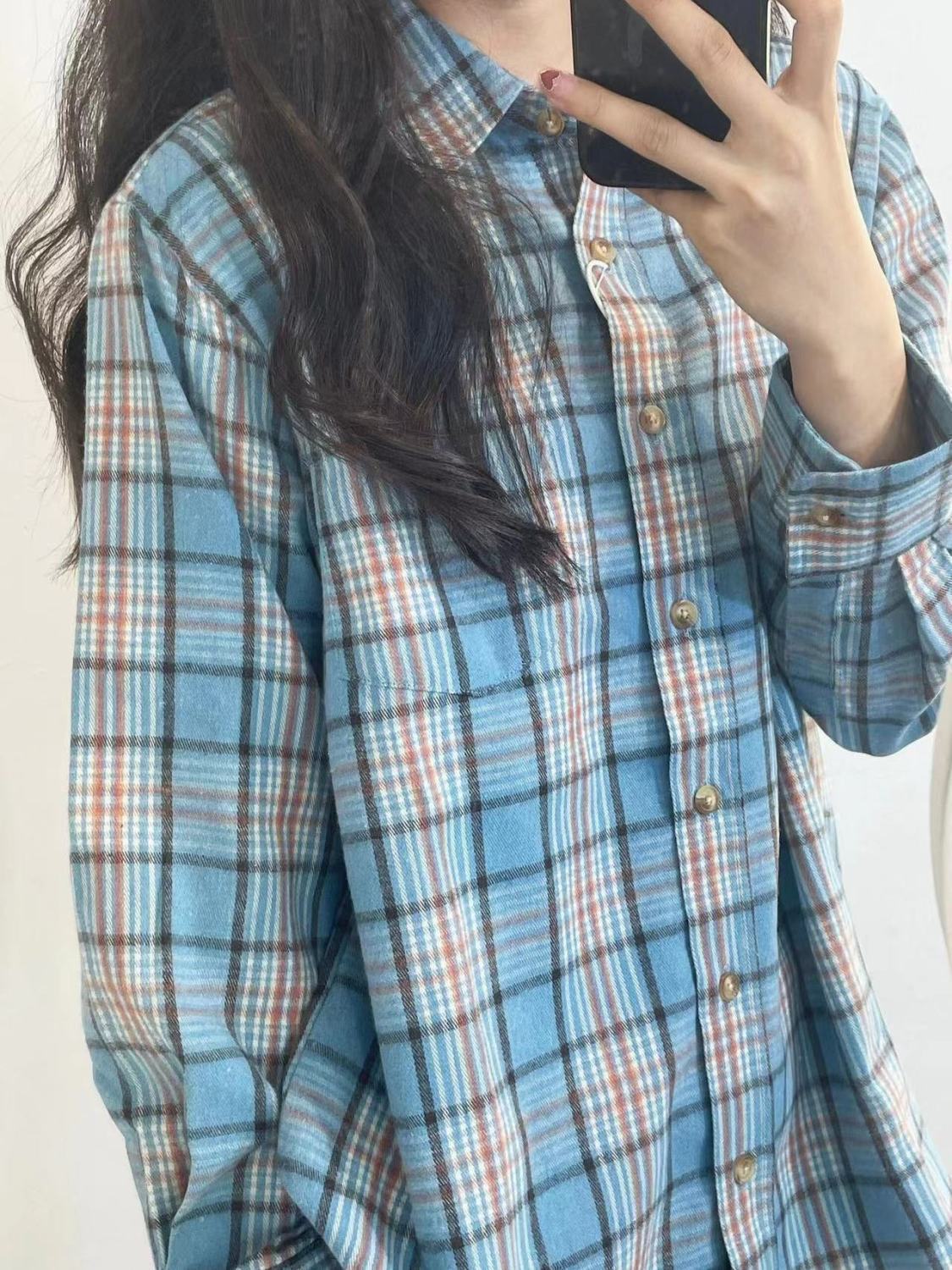 多巴胺小眾藍色格子襯衫女2024春秋新款休閒顯瘦長袖襯衣外穿開衫