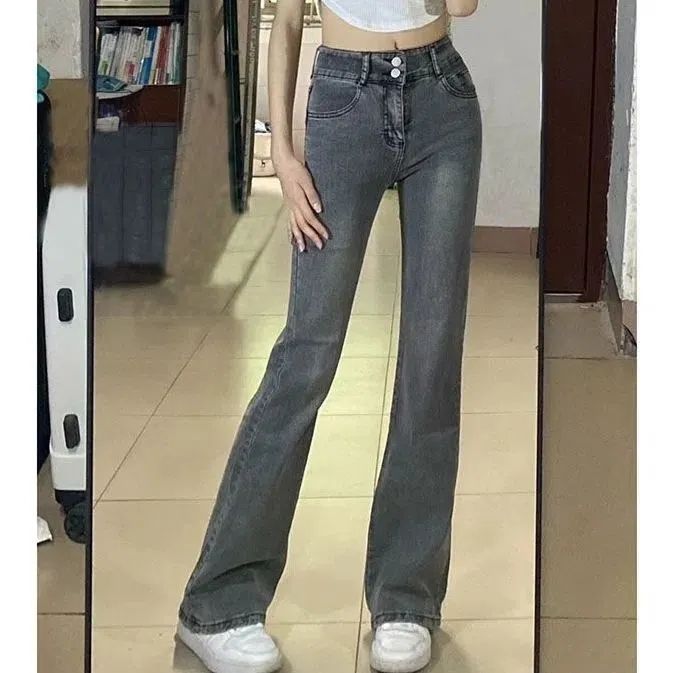 美式復古黑灰色小個子微喇叭牛仔褲子女設計感高腰顯瘦闊腿長褲子