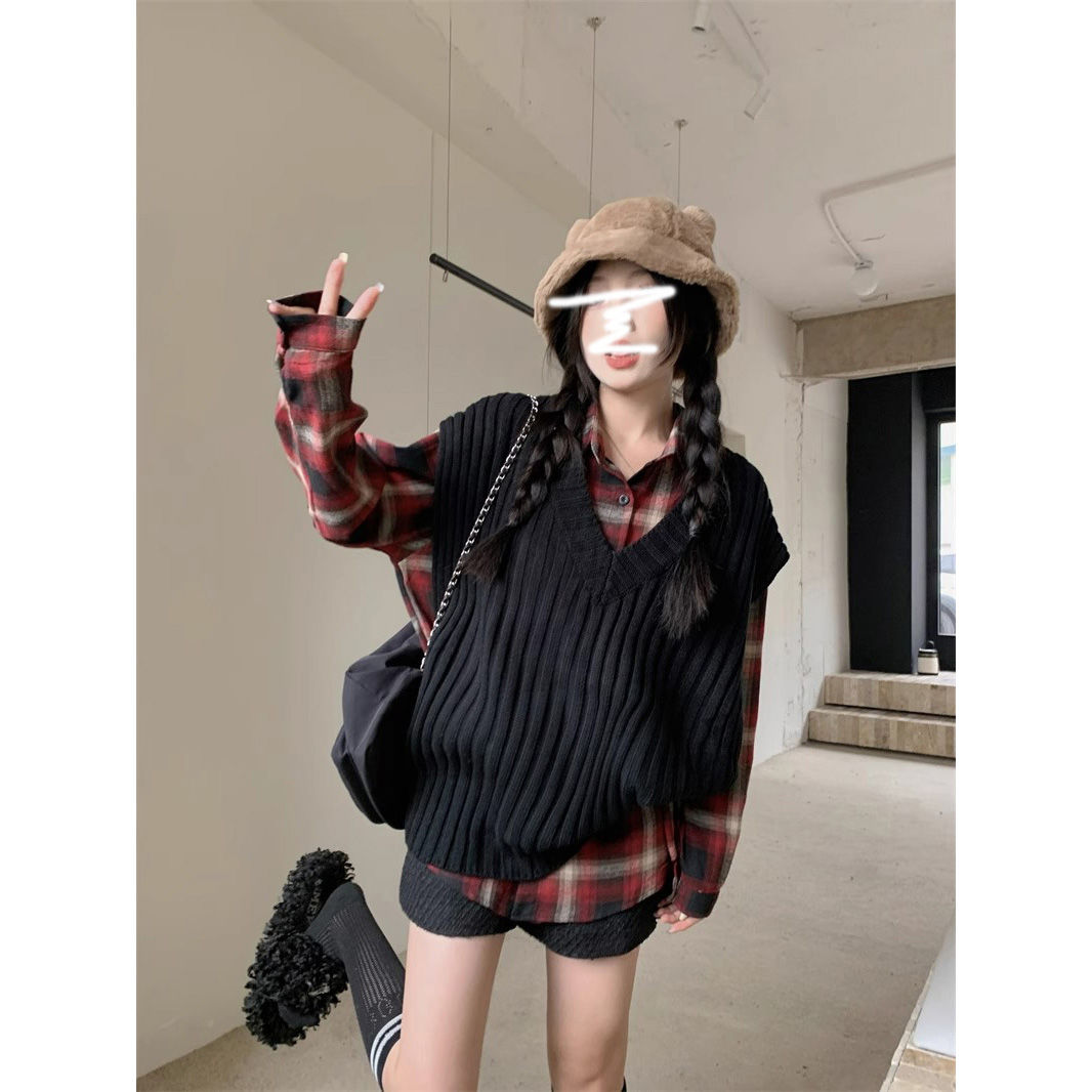 美式復古撞色格子Polo領襯衫女裝春秋新款學院設計感長袖上衣外套