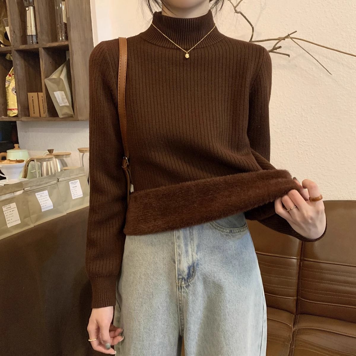 Maillard thickened one-piece velvet knitted sweater for women 2024 autumn and winter half turtleneck with velvet base layer top