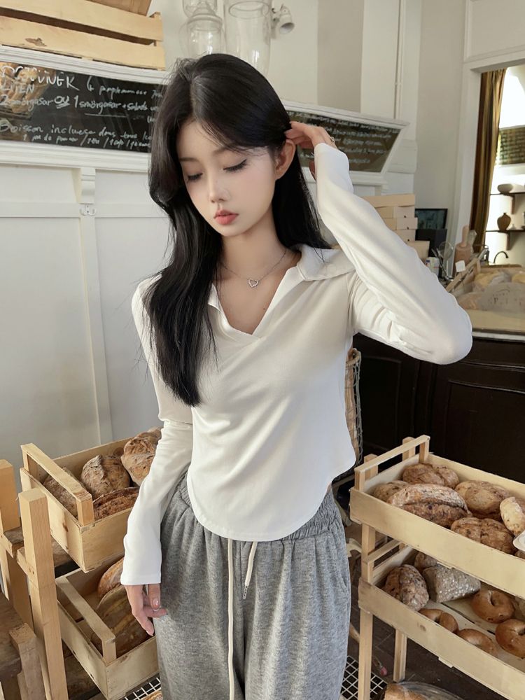 上衣女裝純欲風辣妹翻領衣服新款秋季設計感小眾修身顯瘦長袖T恤