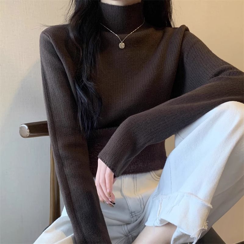 Velvet and thickened imitation mink fur bottoming sweater for women autumn and winter new T-shirt half turtleneck with knitted sweater top