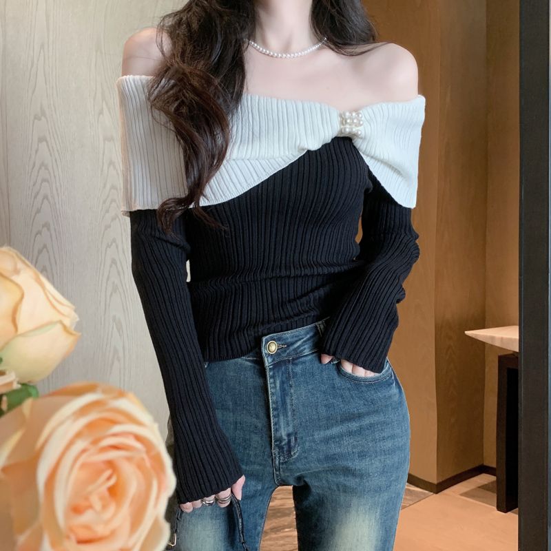 Contrast color one-shoulder lapel pearl sweater, temperament long-sleeved top, women's autumn and winter sexy slimming off-shoulder bottoming shirt