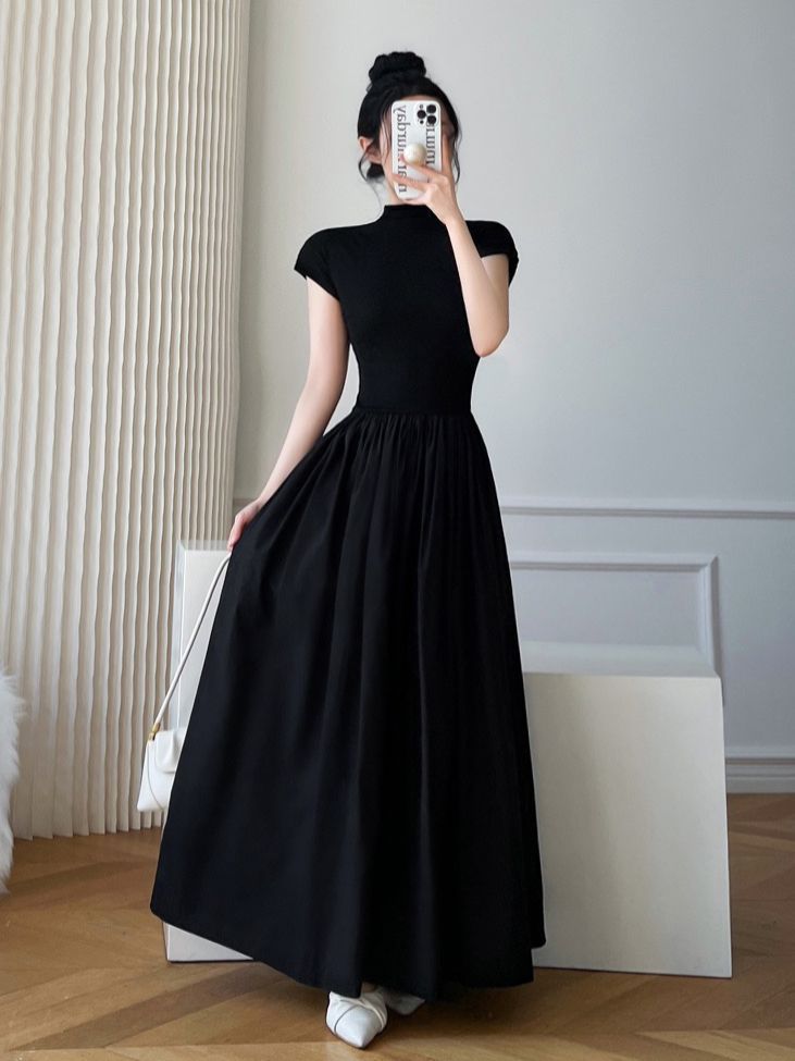 High-end black dress for women's summer new niche design French Hepburn style waist slimming long skirt