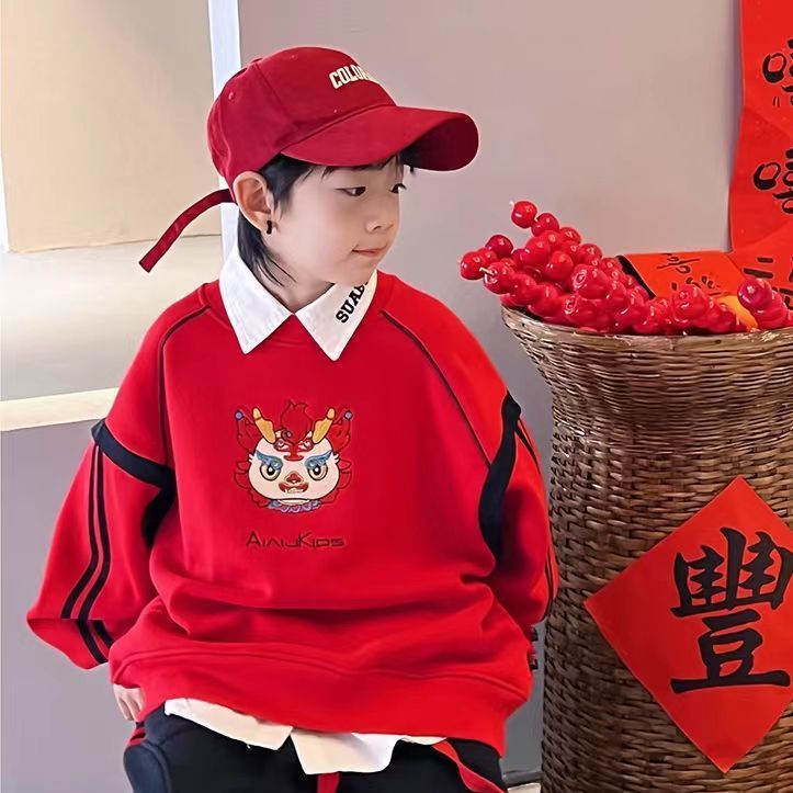 龙年红色拜年服连帽儿童卫衣男童女童秋冬一体绒过年洋气加厚上衣