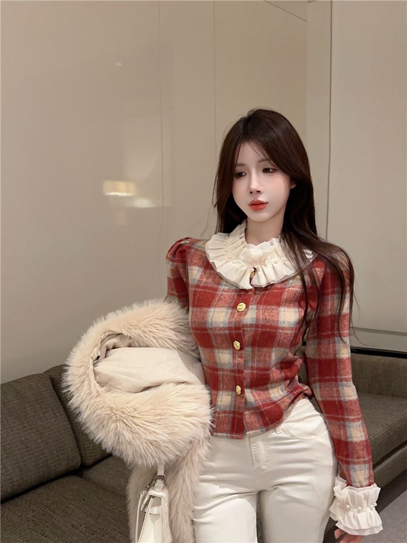 Xiaoxiangfeng retro doll long-sleeved plaid shirt sweet coat autumn and winter new autumn and winter short outer top