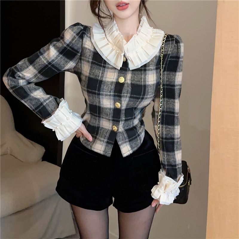 Rich family daughter retro plaid shirt doll collar sweet long-sleeved French niche short versatile jacket top for women