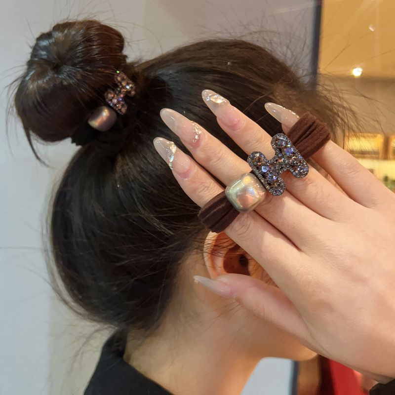 Cinta para el cabello con letras de diamantes de imitación, versión coreana, de alta gama, con gran elasticidad, ideal para coleta, diadema con pompón y goma elástica._voghion.com