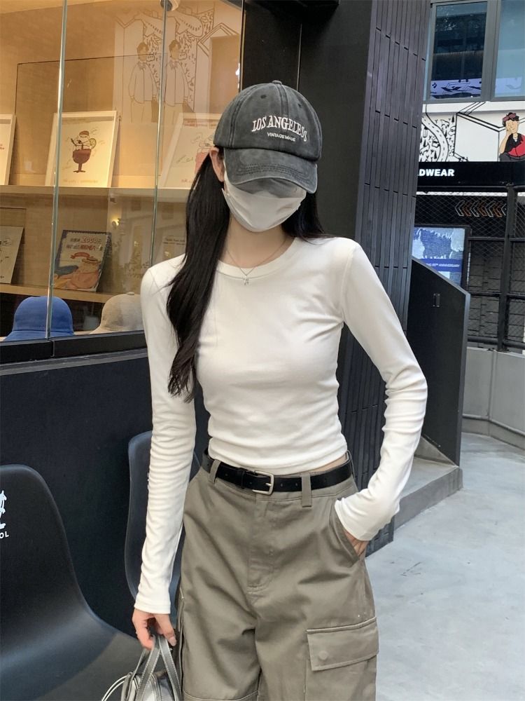 白色基礎款打底衫內搭修身顯瘦正肩長袖t恤女早秋冬辣妹短款上衣