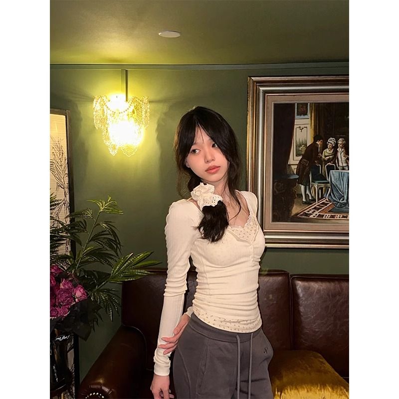 春秋2024新款假兩件溫柔碎花內搭打底針織衫純欲收腰長袖上衣女