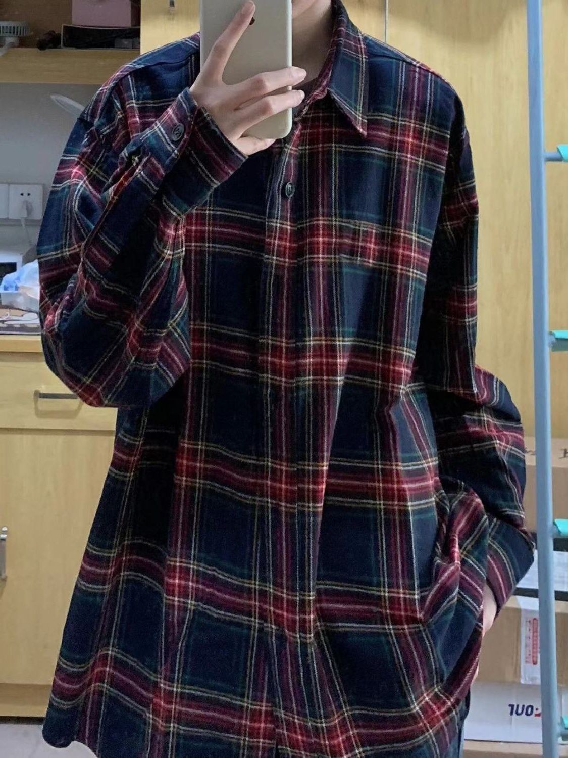 美式慵懶風hiphop復古紅色格子襯衫女寬鬆休閒顯瘦中長款襯衣外穿