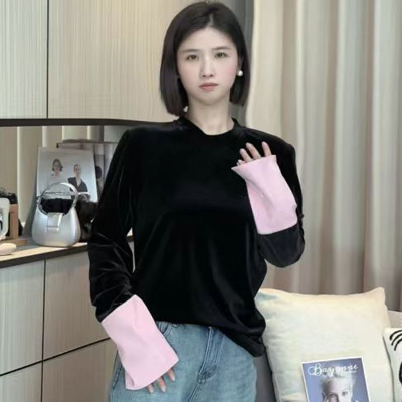 絲絨拼接撞色寬鬆圓領上衣女2024春季新中式氣質百搭高級感襯衫潮