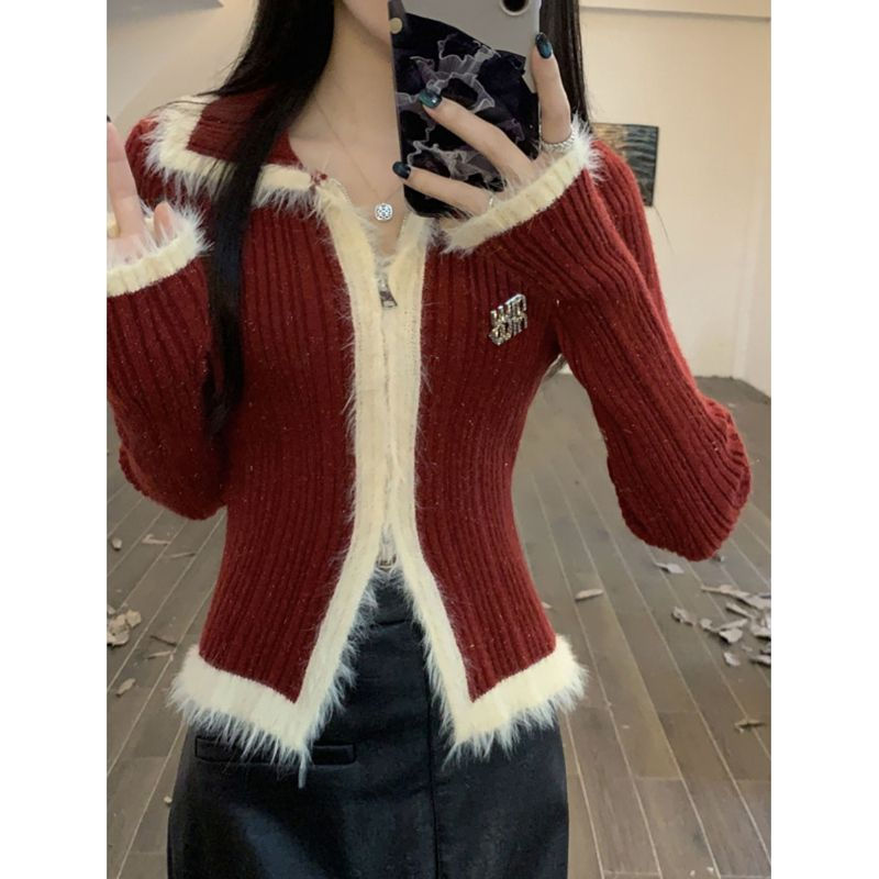 Spring red double zipper knitted cardigan women's design niche temperament slim sweater jacket short top