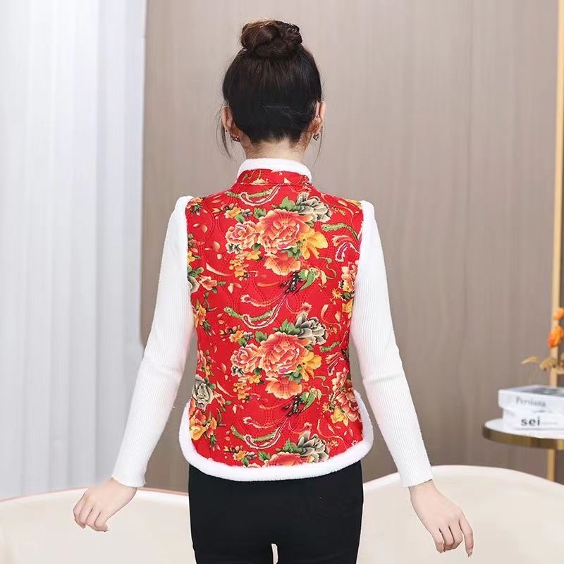 Northeast large flower sleeveless cotton vest ethnic style plus velvet to keep warm new Chinese style retro vest jacket thickened New Year clothes