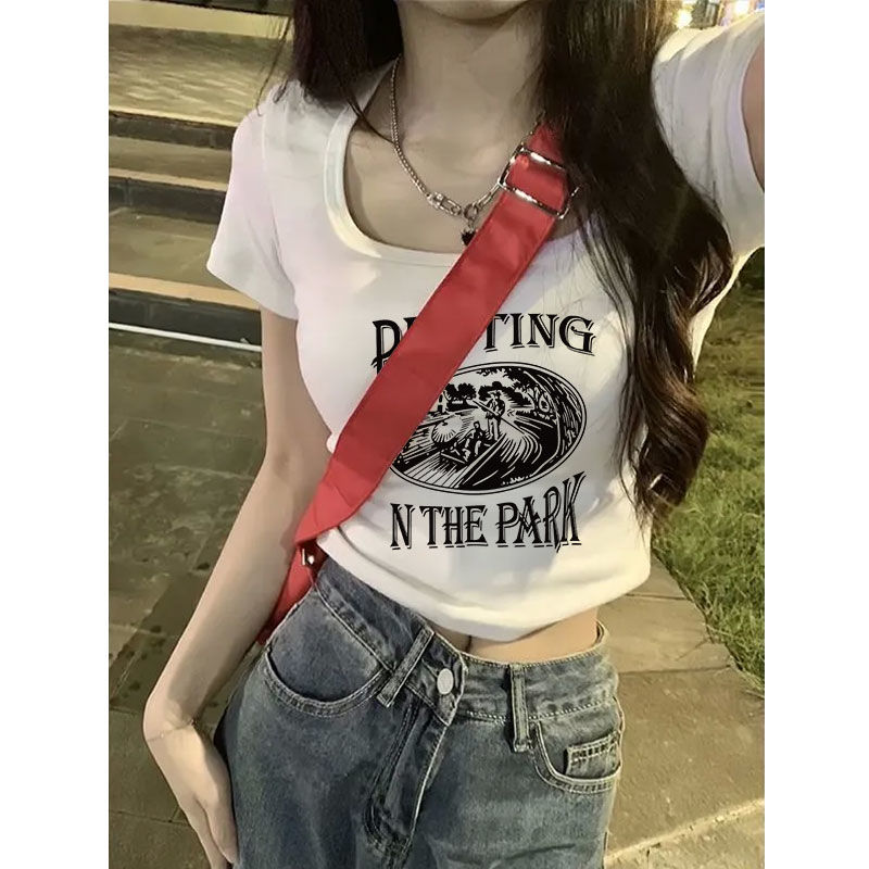 短款上衣女夏季白色韓系風高腰U領打底衫2024新款辣妹緊身短袖T恤