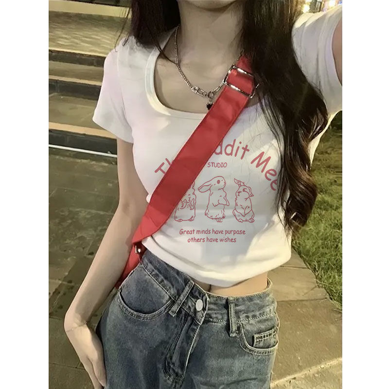 甜辣韓版百搭正肩純欲上衣女生夏季新款別致U領修身顯瘦短袖T恤