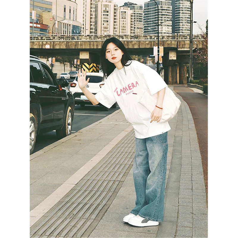 白色美式復古短袖正肩t恤女夏季2024新款寬鬆顯瘦上衣設計感小眾