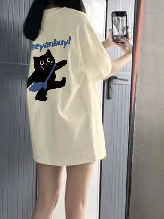 100%純棉杏色短袖t恤女2024年夏季新款中長款oversize寬鬆上衣潮