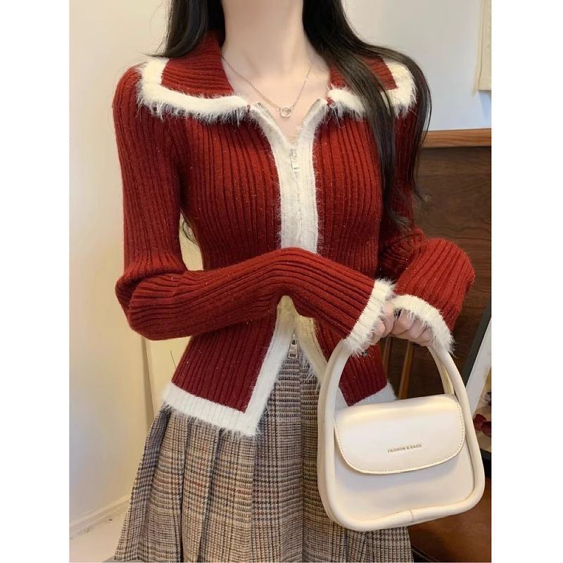 2024 new popular new year red zipper knitted sweater women's spring petite fragrant bottoming top