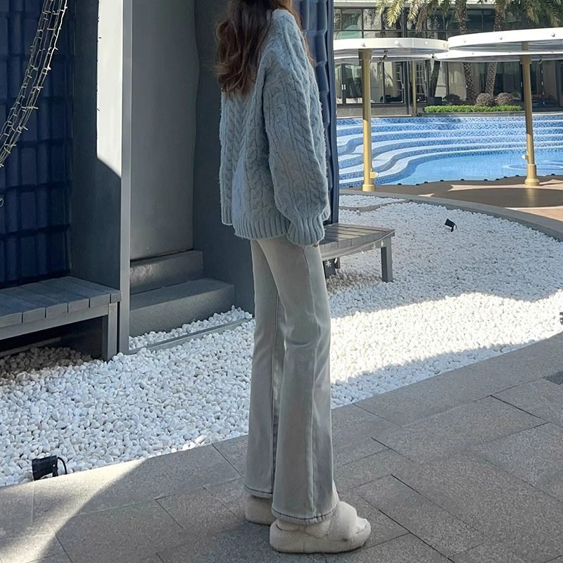 復古水做舊微喇牛仔褲女春季2024新款高腰顯瘦彈力百搭馬蹄喇叭褲