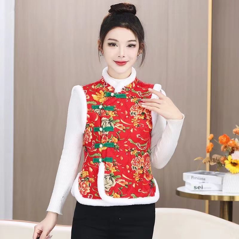 Northeast large flower sleeveless cotton vest ethnic style plus velvet to keep warm new Chinese style retro vest jacket thickened New Year clothes