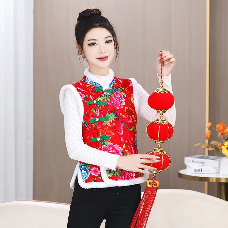 Northeast large flower sleeveless cotton vest ethnic style plus velvet to keep warm new Chinese style retro vest jacket thickened New Year clothes