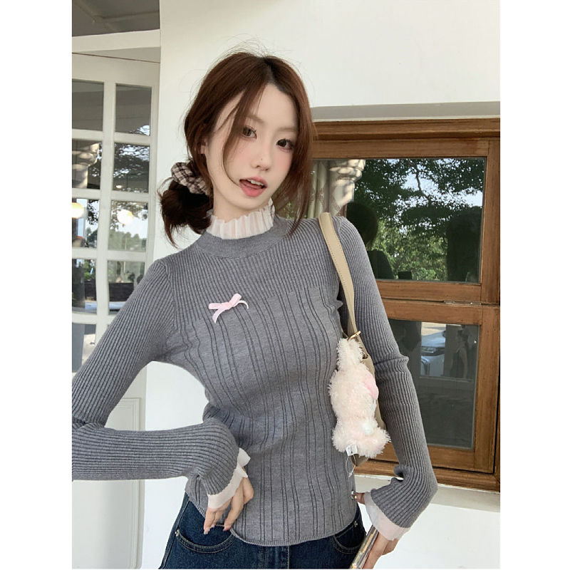 灰色拼接蝴蝶結半高領針織衫女秋冬設計感修身內搭打底衫毛衣上衣