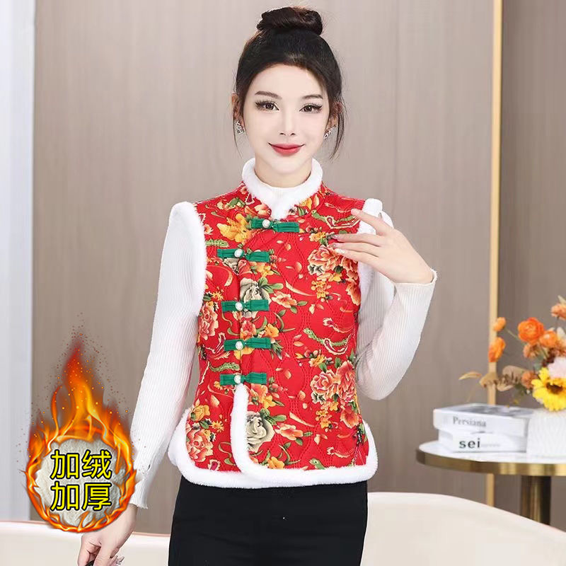 Northeast large flower retro buckle cardigan plus velvet vest winter warm style sleeveless vest vest vest jacket