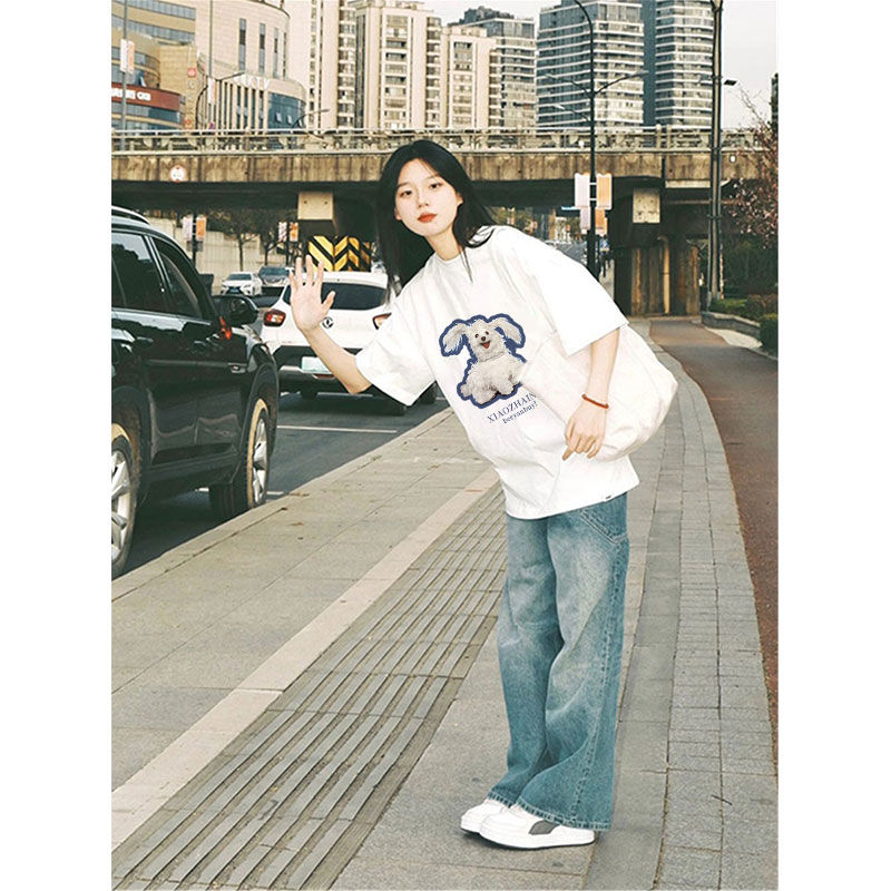 白色美式復古短袖正肩t恤女夏季2024新款寬鬆顯瘦上衣設計感小眾