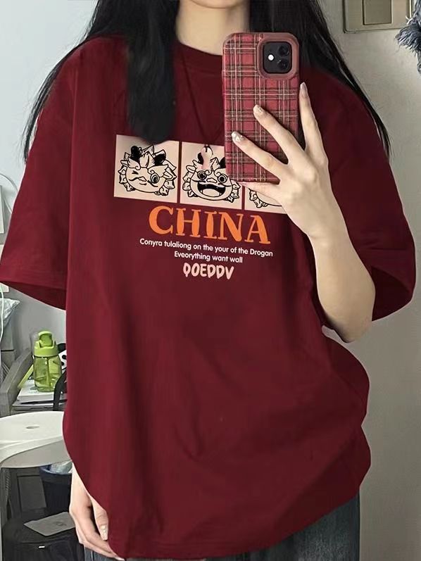 100%純棉國潮牌短袖T恤女2024夏季新款復古hiphop寬鬆上衣ins t恤