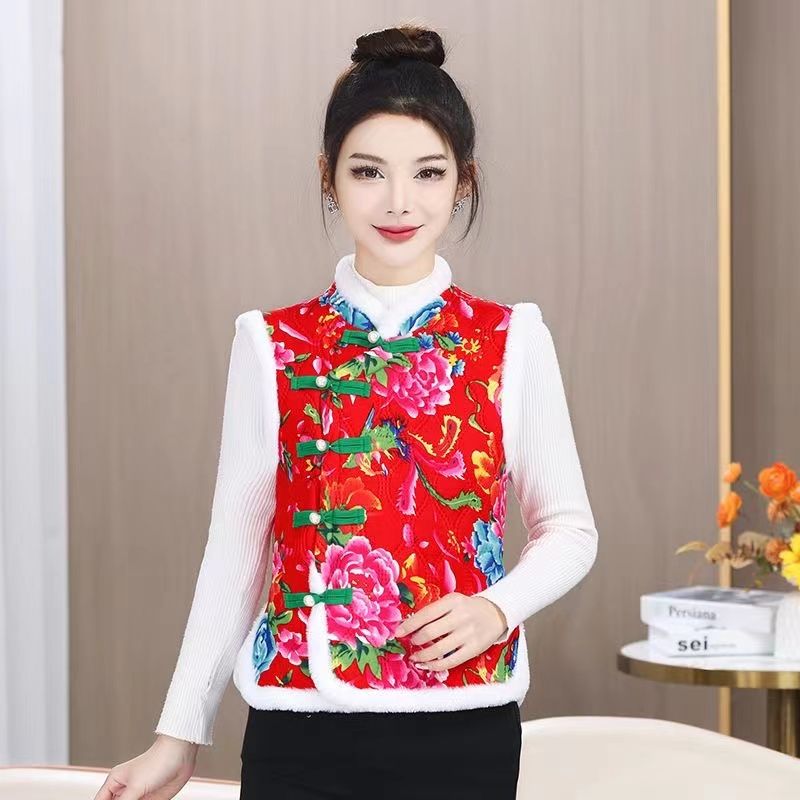 Northeast large flower sleeveless cotton vest ethnic style plus velvet to keep warm new Chinese style retro vest jacket thickened New Year clothes