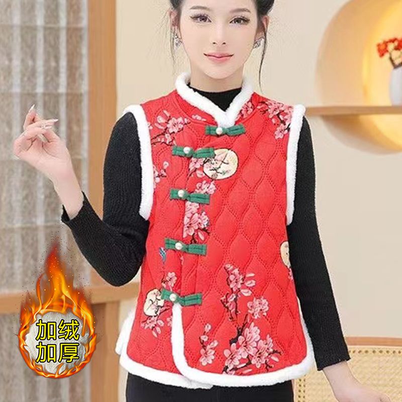 New Chinese style Northeastern large flower velvet vest vest cotton jacket waistcoat top foreign style New Year's greetings warm vest