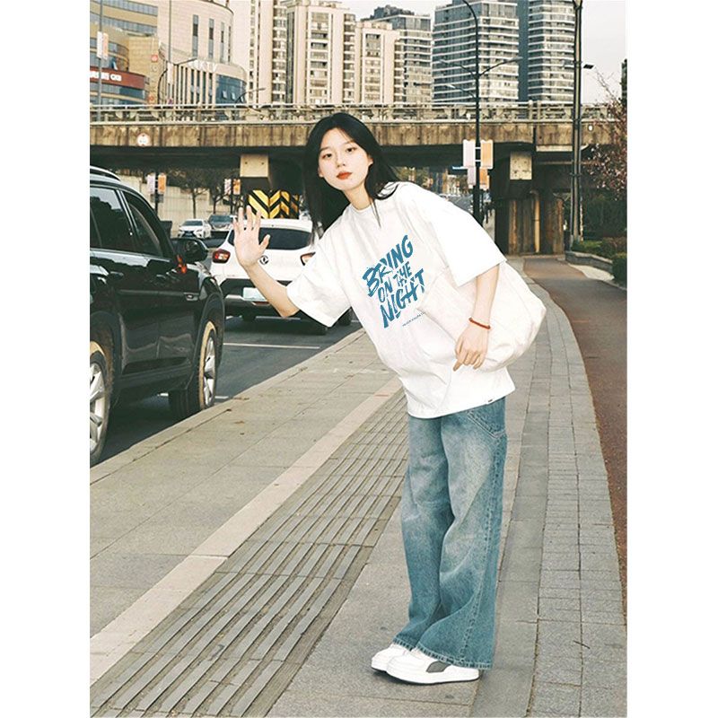 白色美式復古短袖正肩t恤女夏季2024新款寬鬆顯瘦上衣設計感小眾