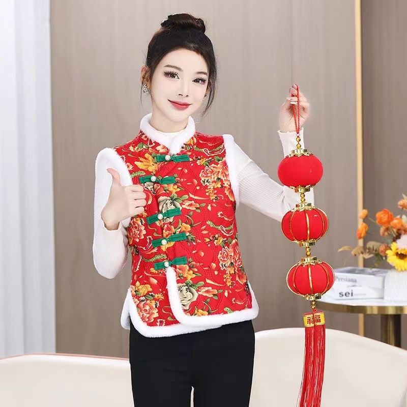 Northeast large flower sleeveless cotton vest ethnic style plus velvet to keep warm new Chinese style retro vest jacket thickened New Year clothes