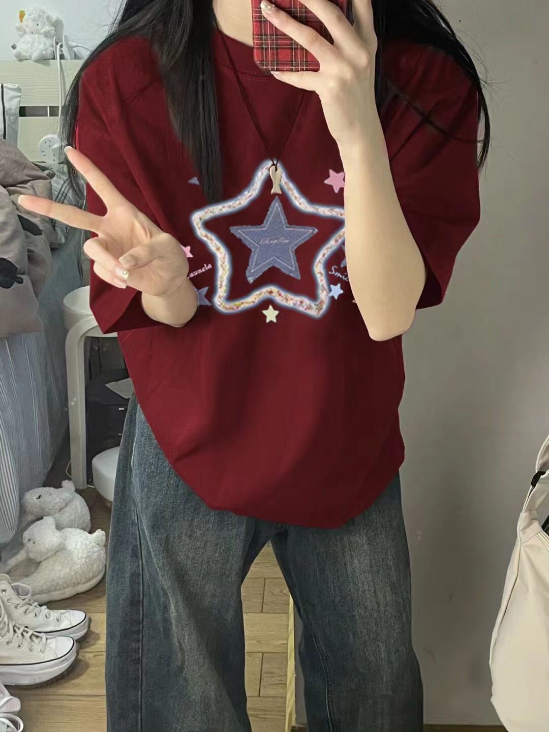 100%純棉酒紅色潮牌短袖t恤女夏季2024新款美式復古寬鬆上衣顯瘦