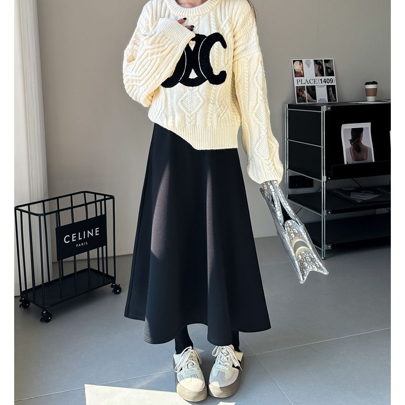 Plus size fat mm black woolen A-line skirt for women in autumn and winter high waist slim drape knitted skirt mid-length umbrella skirt