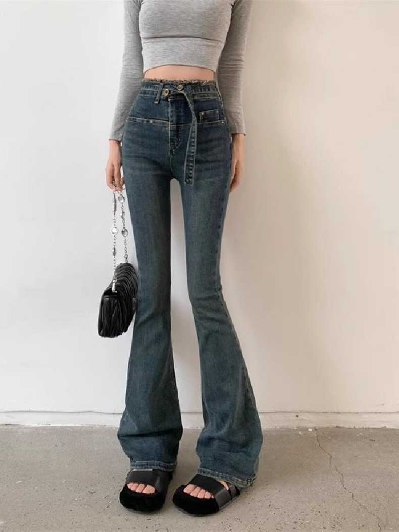 Raw edge design jeans early spring retro 2024 new high-waisted slim stretchy boot-cut trousers for women chic