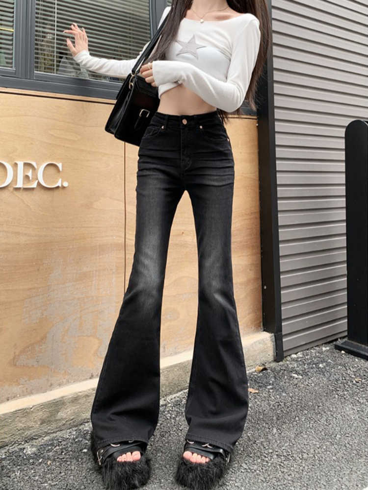 High-waisted floor-length micro-flared jeans for women 2024 spring new slim-fitting straight-leg horseshoe pants black pants