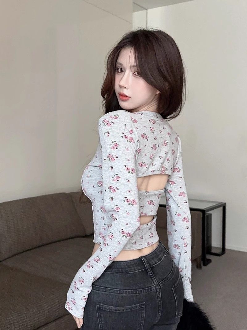 法式純欲辣妹U領露背碎花T恤女獨特設計感氣質顯瘦百搭長袖打底衫