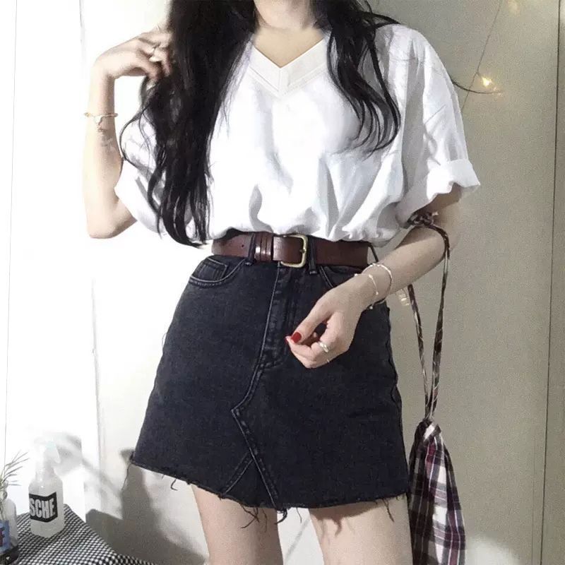 韓版簡約白色t恤女V領短袖夏季新款寬鬆顯瘦內搭上衣百搭打底衫潮