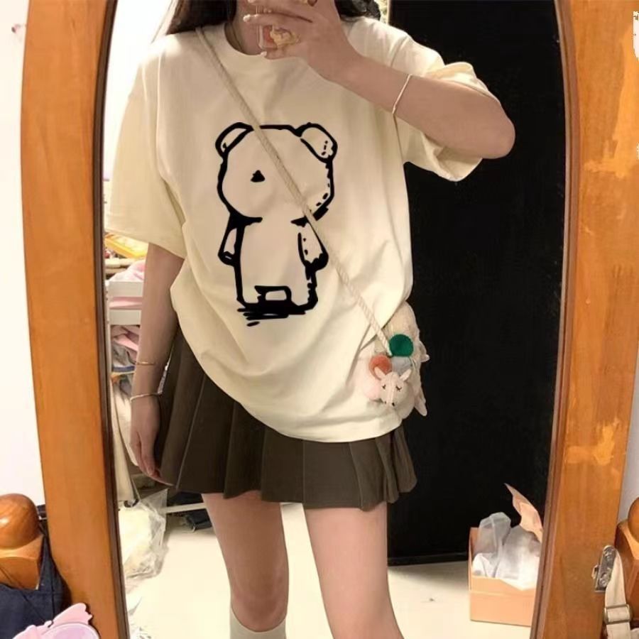 2024夏季新款短袖印花t恤女個性百搭寬鬆顯瘦學院風小眾上衣服ins