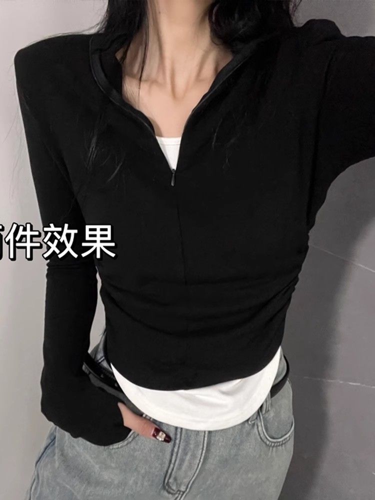 超好看假两件长袖t恤女秋冬新款小众设计感撞色v领修身显瘦上衣服