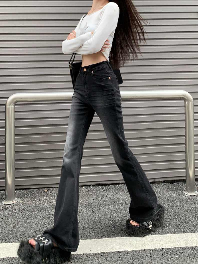High-waisted floor-length micro-flared jeans for women 2024 spring new slim-fitting straight-leg horseshoe pants black pants