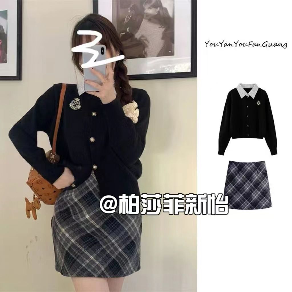 Autumn and winter tea style new black college style fake two-piece top for women with plaid skirt for age reduction two-piece suit