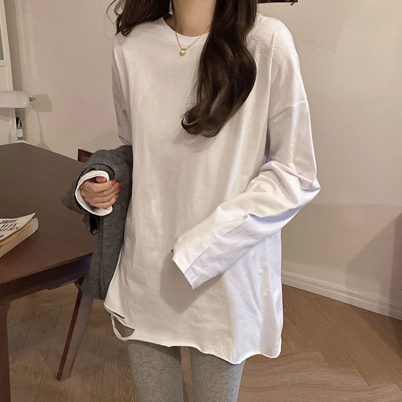 100% pure cotton solid color Korean style ripped long-sleeved T-shirt women's pure cotton inner spring bottoming shirt regular style top ins