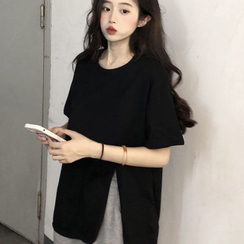 100%純棉常規款圓領白色T恤女2024夏季新款寬鬆感側開叉短袖上衣